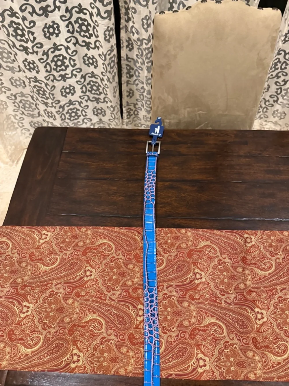 Johnnie-O Men's Size 32 Red/Navy Crocco Leather Belt MSRP $128